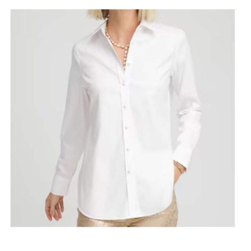 Chico’s Size 2 Petite or Large Petite Optic White No Iron Long Sleeve Shirt